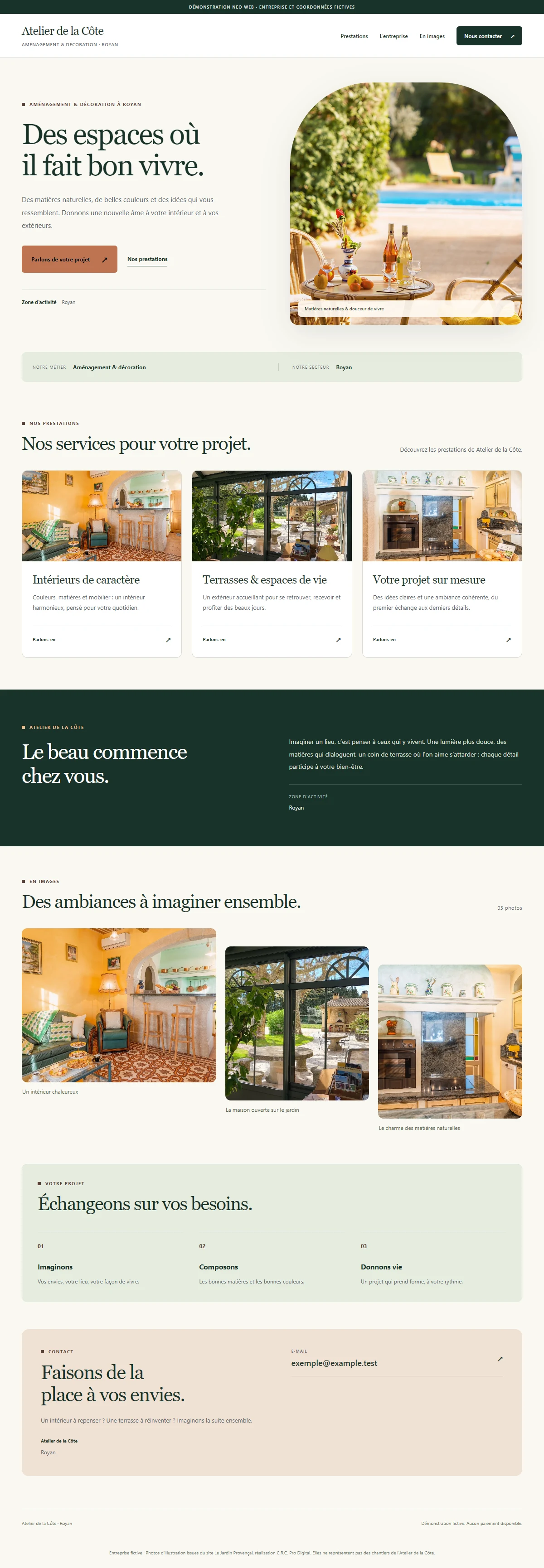 Exemple fictif de site monopage : présentation, prestations, réalisations et contact